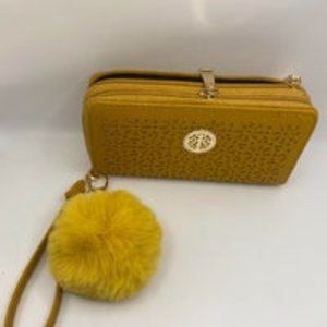 Women's Leather Wallet with Zip Around Wallet Clutch with fluffy pom key chain!